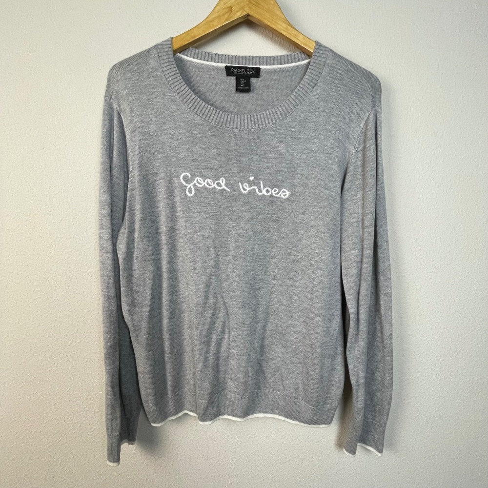 Rachel Zoe Gray Knit Sweater Good Vibes Embroidered Long Sleeve Women's L